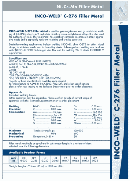 ȫSMC INCO-WELD? C-276Ӳ INCO-WELD? C-276