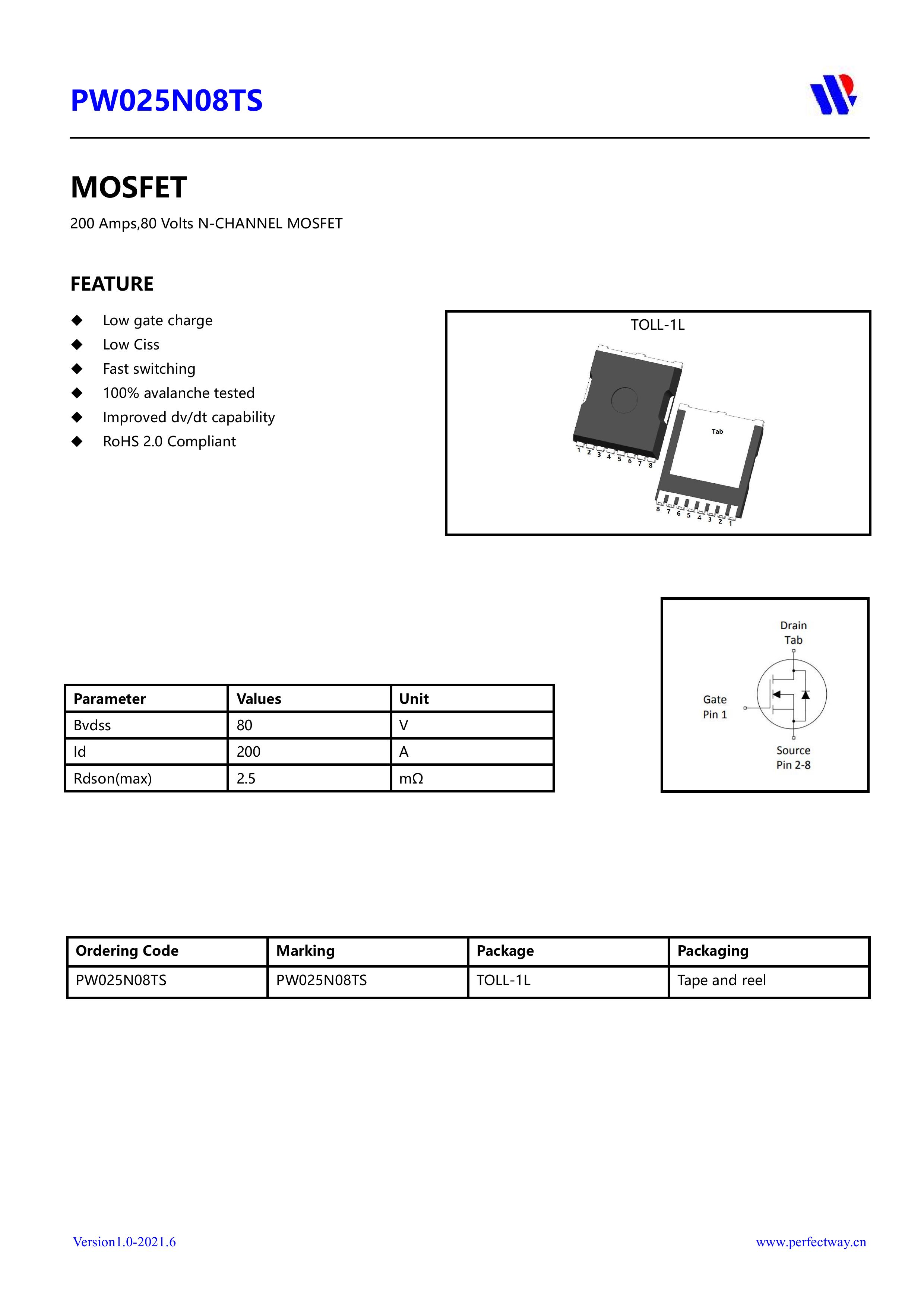 PW025N08TS еѹЧӦMOSFET 80V 200A 2m ƬTOLLװ ƽΰ